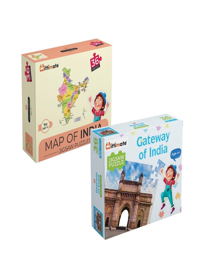 Mittimate Jigsaw Puzzle Combo Set of 2 - Map of India and Gateway of India I 36 Pieces Cardboard Puzzle Game for Kids Age 4 to 6 Year I Birthday Gift for Children - Image 1